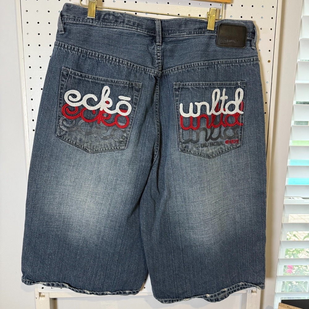 Vintage Ecko Unlimited Denim Shorts Men's Size 36 Y2K Embroidered‎ Baggy Fit